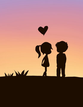Beautiful Silhouette Illustration of Couples On Beautiful Sunset .