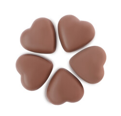 Delicious heart shaped chocolate candies on white background, top view