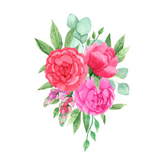 Watercolor bouquet with bright pink peonies, eucalyptus branches, greenery isolated on white background.