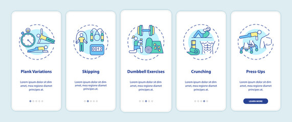 Best at home workouts onboarding mobile app page screen with concepts. Plank variations, skipping, crunching walkthrough 5 steps graphic instructions. UI vector template with RGB color illustrations