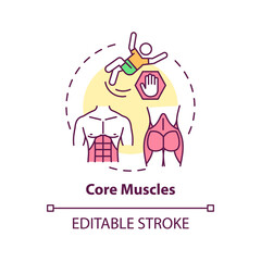 Core muscles concept icon. Physical training type idea thin line illustration. Core-strength exercises. Tightening abdominal muscles. Vector isolated outline RGB color drawing. Editable stroke