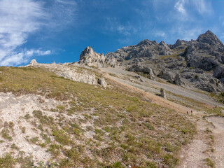 The Cares Route in the heart of Picos de Europa National Park, Cain-Poncebos, Asturias, Spain. Narrow and impressive canyon between cliffs, bridges, caves, footpaths and rocky mountains.