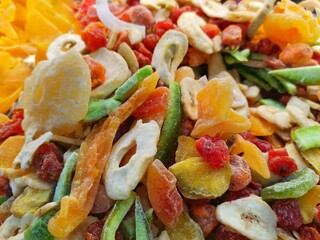 Close-up dry tropical fruits. Background of dry tropical fruit and detail shots.