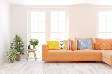 White living room with orange sofa. Scandinavian interior design. 3D illustration