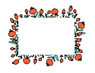 Rectangular Doodle berry frame in the style of linear art on a white background. Vector illustration of doodle stylized red berries and turquoise leaves vector design template.