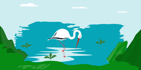 Stork in a pond, green hills - vector. The world of birds. Spring landscape.