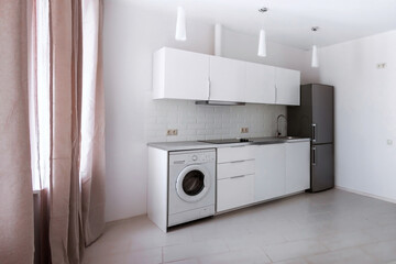 White modern minimal scandinavian styled kitchen with window curtains