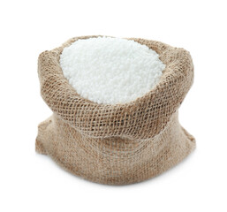 Pellets of ammonium nitrate in bag isolated on white. Mineral fertilizer