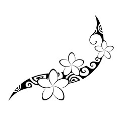 Maori style tattoo. Ethnic decorative oriental ornament with Frangipani Plumeria flowers. Coloring book page.	
