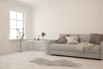 White living room with sofa. Scandinavian interior design. 3D illustration