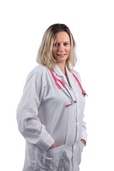 Caucasian doctor woman with pink stethoscope