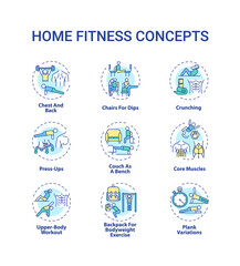 Home fitness concept icons set. Physical training session idea thin line RGB color illustrations. Core muscles. Plank variations. Press-up. Crunching. Vector isolated outline drawings. Editable stroke