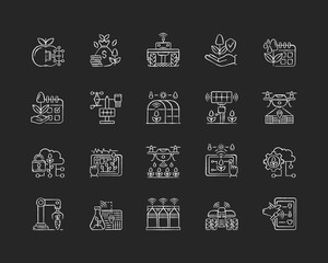 Smart farm system RGB chalk white icons set on black background. Innovation technology. Industry automatization. Digital agrotechnology. Isolated vector chalkboard illustrations