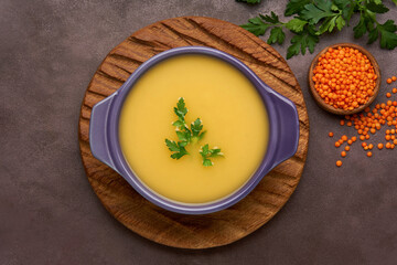 Red lentil soup. Traditional middle eastern, turkish , ramadan cuisine. Vegan food. Top view with copy space