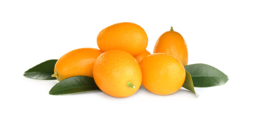 Fresh ripe kumquats with leaves on white background. Exotic fruit