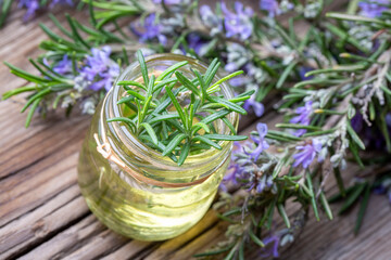 Rosemary oil. Rosemary essential oil jar glass bottle and branches of plant rosemary with flowers...