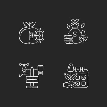 Estimating planting time RGB chalk white icons set on black background. IOT agriculture. Smart farming. Cost efficiency. Silhouette symbols. Weather station. Vector isolated illustration