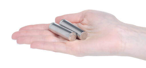 Batteries AA power in hand on white background isolation