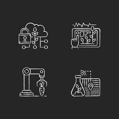 Automation of agronomy RGB chalk white icons set on black background. Soil sampling. Data security in agriculture. Yield prediction. Harvesting robotics. Isolated vector chalkboard illustrations