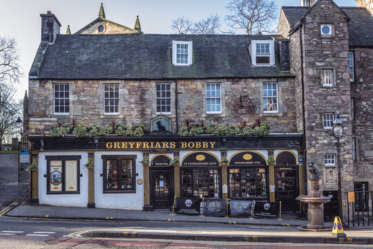 Edinburgh, Scotland - January 15, 2020: Famous Greyfriars Bobby pub in Edinburgh city