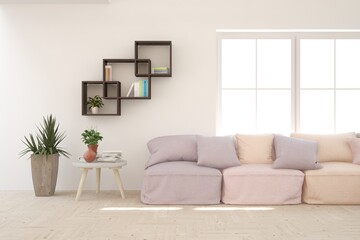 White living room with sofa. Scandinavian interior design. 3D illustration