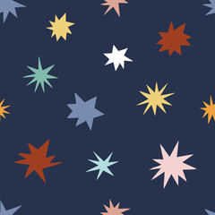 Fototapeta premium Star quirky shapes vector seamless pattern. Cosmic starry paper cut silhouette baby background design. Abstract celestial geometric space childish fabric print