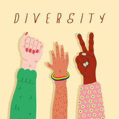 three diversity hands humans up and lettering