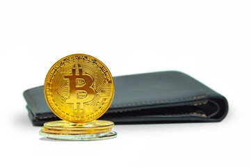 Golden Bitcoin wallet isolated on white background. Cryptocurrency coin.