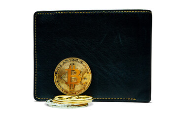 Gold Bitcoin with wallet isolated on white background. Cryptocurrency coin.