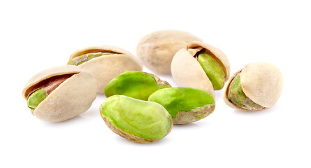 Salted Pistachio nuts in closeup isolated