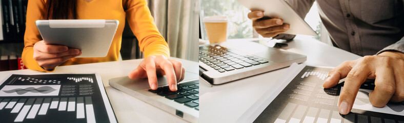 Digital marketing media in virtual screen.businesswoman hand working with mobile phone and modern...