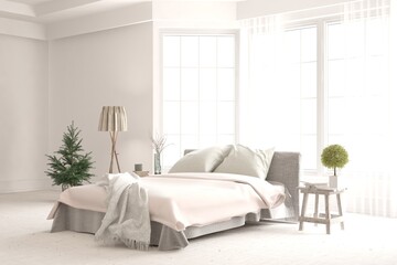 White bedroom interior. Scandinavian design. 3D illustration