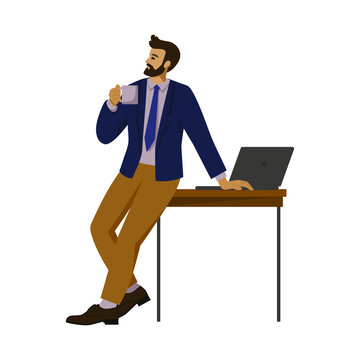 business man in an office suit stands pensively with a cup of hot drink in his hand during a break. vector illustration in cartoon style