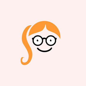 geek nerd girl with hair and glasses logo, Vector Logo template
