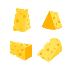 .Cheese with holes isolated on white background, vector flat illustration. Set of cheese of different shapes: triangular, square