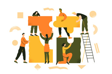 People put the puzzle together. Team work, business partnership, coworking. Team metaphor. Business creative concept. Flat vector illustration in trendy style.
