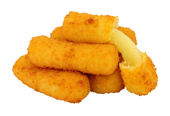 Group of breadcrumb covered mozzarella cheese sticks isolated on a white background
