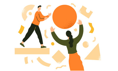 Colleagues throw the ball to each other. Team work, business partnership,coworking. Team metaphor. Business creative concept. Flat vector illustration in trendy style.
