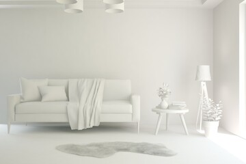 White minimalist living room with sofa. Scandinavian interior design. 3D illustration