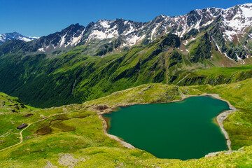 Passo Gavia, mountain pass in Lombardy, Italy, to Val Camonica at summer. Lake