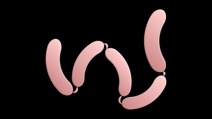 sausages on a black background, illustration. a bunch of sausages for lunch and dinner. grilled sausages, delicious meat appetizer. natural packaging for meat delicacies