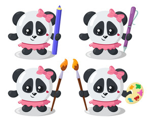 Set of funny cute kawaii panda with round body, pencil, pen, brush and palette in flat design with shadows. Isolated animal vector illustration
