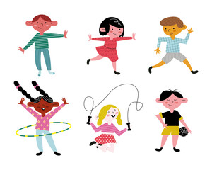 happy little six kids practicing activities avatars characters