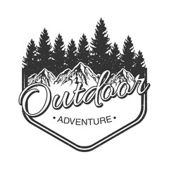 outdoor adventure lettering emblem with pines forest and mountains