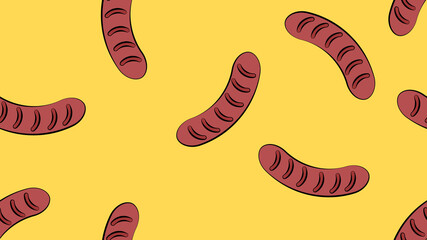 sausages on a yellow background, illustration. delicious grilled sausages. high-calorie sausage, fatty junk food. seamless pattern, background, endless pattern