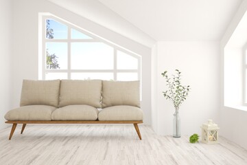 White living room with sofa. Scandinavian interior design. 3D illustration