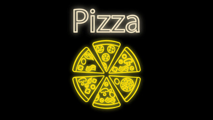 pizza on a black background, illustration, neon. pizza with filling in neon yellow with an inscription pizza. bright illuminated sign for decoration and decor of restaurants and cafes