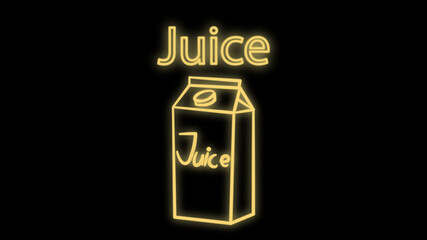Carton of juice neon sign. Glowing illustration of pack of juice with piece of orange and plastic tube on blue brick background. Can be used for shops, grocery stores, advertisements, supermarkets