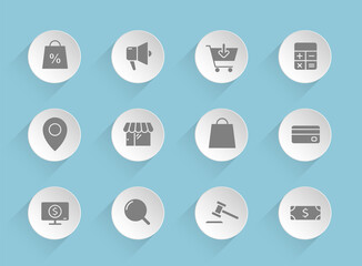 e-commerce vector icons on round puffy paper circles with transparent shadows on blue background. e-commerce stock vector icons for web, mobile and user interface design