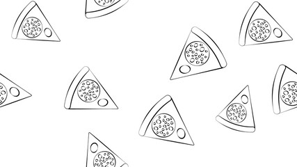 slice of pizza on a white background, illustration, black and white pattern. pizza with various fillings. seamless pattern, background, endless pattern. decor and wallpaper